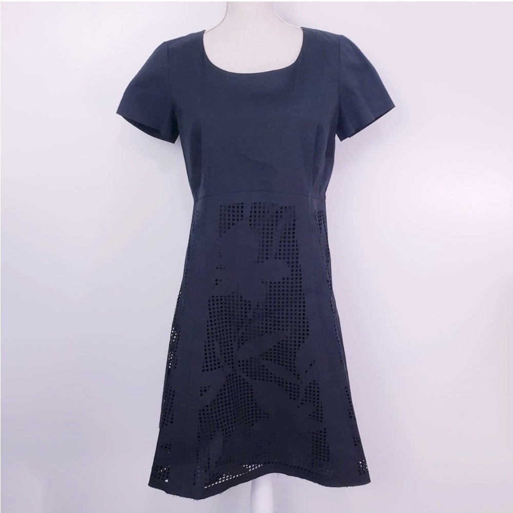 Lafayette 148 Short Sleeve Laser Cut Floral Dress A Line Knee Length Black Sz 4